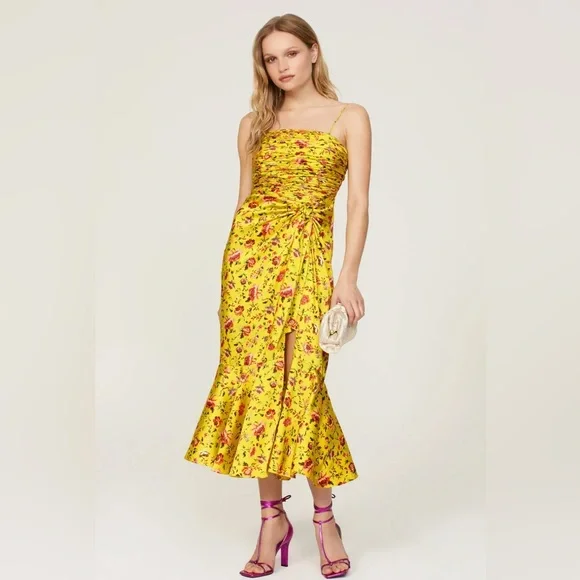 Cinq a Sept Katz Provence Dress 14 Yellow Floral Ruched Satin Midi Formal - Picture 13 of 16